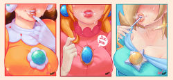 Rule 34 | 3girls, absurdres, blonde hair, blue background, blue dress, blue nails, blush, border, breasts, brown hair, collarbone, dress, earrings, gloves, head out of frame, heartbeat, highres, jewelry, lips, long hair, mario (series), medium breasts, mouth hold, multiple girls, nagainosfw, nail polish, nintendo, open mouth, orange dress, pink dress, princess daisy, princess peach, rosalina, star (symbol), star earrings, sweat, teeth, upper body, upper teeth only, wand, white gloves