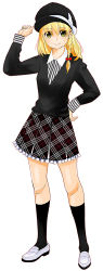 Rule 34 | 1girl, araki yuuya, blonde hair, braid, cabbie hat, green eyes, hat, kneehighs, simple background, skirt, smile, socks, solo, sweater