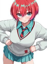 1girl amate_yuzuriha aqua_eyes aqua_shirt aqua_skirt blush breasts closed_mouth gundam gundam_gquuuuuux hand_on_own_hip izumi_akane long_sleeves looking_at_viewer necktie red_hair school_uniform shirt short_hair simple_background skirt solo sweater white_background