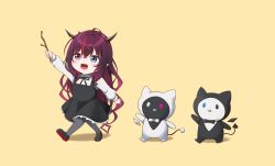 Rule 34 | 1girl, :&gt;, :&lt;, absurdres, aged down, black bow, black bowtie, black cat, black dress, black eyes, black footwear, black horns, black tail, bloom (irys), blue eyes, blush, bow, bowtie, cat, child, commentary, demon girl, demon horns, dress, fang, gloom (irys), heterochromia, highres, hololive, hololive english, horns, irys (hololive), jan azure, mascot, multicolored hair, neck ribbon, necktie, purple eyes, red hair, ribbon, shirt, shoes, stick, streaked hair, symbol-only commentary, tail, virtual youtuber, white bow, white bowtie, white cat, white eyes, white shirt, white tail