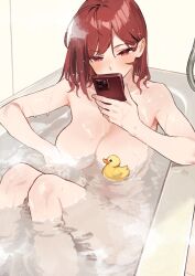 Rule 34 | 1girl, 92m, absurdres, bath, bathing, bathtub, breasts, cellphone, completely nude, convenient censoring, feet out of frame, highres, holding, holding phone, indoors, kinshi no ane (92m), large breasts, looking at phone, no eyewear, nude, original, partially submerged, phone, red eyes, red hair, rubber duck, short hair, sitting, smartphone, solo, water, wet, wet hair