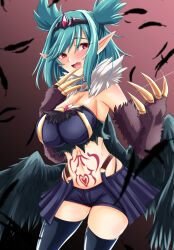 Rule 34 | 1girl, black feathers, black thighhighs, black wings, blue hair, blush, breasts, claws, cleavage, commentary request, commission, fang, feathers, harpy, heart, heart tattoo, highres, indie virtual youtuber, keiki illust, large breasts, lincoro, monster girl, navel, open mouth, pointy ears, red eyes, short twintails, skeb commission, solo, stomach tattoo, talons, tattoo, thighhighs, tiara, twintails, virtual youtuber, winged arms, wings