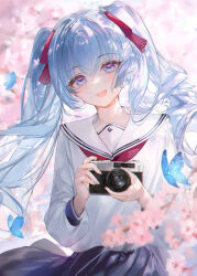 Rule 34 | 1girl, :d, absurdres, animal, black skirt, blue eyes, blue hair, blurry, blurry background, blurry foreground, bow, branch, bug, butterfly, camera, commentary request, depth of field, flower, hair between eyes, hair bow, head tilt, highres, holding, holding camera, insect, kinokohime, long hair, long sleeves, looking at viewer, neckerchief, open mouth, original, pink flower, pleated skirt, puffy long sleeves, puffy sleeves, red bow, red neckerchief, sailor collar, school uniform, serafuku, shirt, skirt, smile, solo, twintails, very long hair, white sailor collar, white shirt