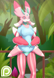Rule 34 | 1girl, antennae, arthropod girl, artist name, blue panties, blue shirt, blush, breasts, bush, cameltoe, collarbone, colored sclera, covered erect nipples, creatures (company), furry, furry female, game freak, gen 7 pokemon, green eyes, highres, logo, looking at viewer, lurantis, lyzergide, medium breasts, nintendo, outdoors, panties, patreon, personification, pinstripe pattern, pokemon, pokemon (creature), pokemon sm, red sclera, shiny skin, shirt, short sleeves, smile, solo, standing, striped, text focus, tree, underwear, water, watermark, web address