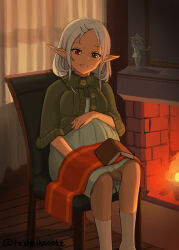 1girl absurdres book book_on_lap breasts character_doll curtains dim_lighting dress elf figure fire fireplace green_shawl hand_on_own_stomach highres looking_at_viewer medium_breasts medium_hair mushoku_tensei on_chair open_book pixiv_username pointy_ears pregnant red_eyes sitting smile socks solo sylphiette_(mushoku_tensei) tastelikenyan teeth white_dress white_hair white_socks window_shadow