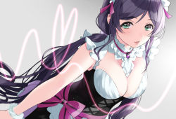 Rule 34 | 1girl, blush, breasts, cleavage, corset, frills, gradient background, green eyes, headdress, heart, kate iwana, large breasts, lipstick, long hair, looking at viewer, love live!, love live! school idol project, maid, maid headdress, makeup, mogyutto &quot;love&quot; de sekkin chuu!, parted bangs, parted lips, purple hair, sash, short sleeves, sidelocks, simple background, solo, tojo nozomi, twintails, upper body, very long hair, wrist cuffs