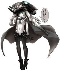 Rule 34 | 10s, 1girl, abyssal ship, aqua eyes, ayakura juu, bodysuit, cape, gloves, glowing, glowing eyes, hat, kantai collection, open mouth, short hair, silver hair, solo, standing, teeth, translation request, white background, wo-class aircraft carrier