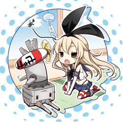 Rule 34 | 10s, 1girl, anchor, black panties, blonde hair, blush, boots, chibi, elbow gloves, gloves, grey footwear, hair ornament, hairband, highleg, highleg panties, jitome, kantai collection, lifebuoy, long hair, navel, open mouth, panties, personification, rensouhou-chan, shimakaze (kancolle), sitting, skirt, solo, striped clothes, striped thighhighs, swim ring, tatami, thighhighs, underwear, v arms, wariza, wind chime, yume no owari
