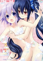 Rule 34 | 2girls, :o, absurdres, bath, black hair, blush, grabbing another&#039;s breast, breasts, censored, choujijigen game neptune re;birth 1, collarbone, convenient censoring, english text, grabbing, grabbing from behind, hair censor, highres, long hair, medium breasts, multiple girls, naughty face, navel, neptune (neptunia), neptune (series), noire (neptunia), nude, official art, open mouth, purple eyes, purple hair, red eyes, scrunchie, small breasts, soap, soap bubbles, soap censor, standing, tile wall, tiles, tsunako, twintails, very long hair, yuri
