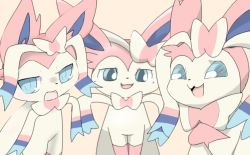 Rule 34 | :3, animal ears, blue eyes, creatures (company), fang, fangs, furry, game freak, gen 6 pokemon, half-closed eyes, letsuo, looking at viewer, looking to the side, nintendo, open mouth, pink background, pokemon, pokemon (creature), pokemon xy, simple background, sitting, smile, sylveon, teeth, upper body