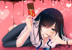 Rule 34 | 1girl, ado (utaite), barefoot, black hair, blue eyes, blue hair, blue nails, blue pants, chando (ado), chocolate, chocolate on body, chocolate on face, cloud nine inc, collared shirt, colored inner hair, commentary request, dress shirt, food, food on body, food on face, ghana (chocolate), heart, highres, holding, holding chocolate, holding food, licking lips, long hair, looking at viewer, lying, mole, mole under eye, multicolored hair, nail polish, pants, partial commentary, pink background, shadow, shirt, shoko (gs music11), sidelocks, solo, song name, toenail polish, toenails, tongue, tongue out, two-tone hair, utaite, white shirt