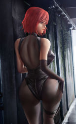Rule 34 | 1girl, absurdres, artist request, ass, bare shoulders, bodysuit, breasts, capcom, dino crisis, fingerless gloves, from behind, gloves, highres, huge ass, large breasts, leotard, looking at viewer, red eyes, red hair, regina (dino crisis), shiny clothes, shiny skin, short hair, sideboob, smile, solo, thigh strap