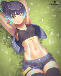 Rule 34 | 1girl, absurdres, arms behind head, arms up, belt, blue hair, chest jewel, crop top, fiery hair, glowing lines, grass, highres, looking at viewer, loose belt, lying, navel, on back, one eye closed, sena (xenoblade), short shorts, shorts, side ponytail, smile, solo, stomach, thighhighs, vest, xenoblade chronicles (series), xenoblade chronicles 3, zambonito