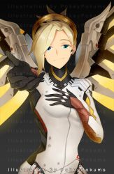 Rule 34 | 1girl, aqua eyes, armor, black gloves, blonde hair, blue eyes, bodysuit, breastplate, breasts, closed mouth, eyelashes, faulds, gloves, hair ornament, hair tie, halo, hand on own chest, headgear, high ponytail, long sleeves, looking at viewer, mechanical halo, mechanical wings, mercy (overwatch), overwatch, overwatch 1, pokey, ponytail, reaching, reaching towards viewer, short hair, skin tight, smile, solo, spread wings, swiss flag, turtleneck, upper body, wing print, wings, yellow wings