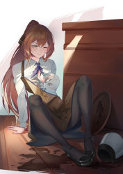 Rule 34 | absurdres, accident, arm support, breasts, brown hair, cleavage, coffee, coffee pot, collared shirt, commentary request, cy9, fallen down, full body, girls&#039; frontline, green eyes, highres, large breasts, long hair, long sleeves, mary janes, on floor, one eye closed, open clothes, open shirt, pantyhose, ponytail, shirt, shoes, sitting, solo, spill, springfield (girls&#039; frontline), tearing up, tray, wet, wet clothes, wet shirt, white shirt, wooden floor