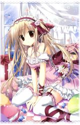 Rule 34 | 1girl, :o, absurdres, bare shoulders, between legs, blonde hair, blush, box, breasts, candy, checkered floor, cleavage, collarbone, criss-cross halter, detached sleeves, dress, food, garter straps, gift, gift box, hairband, halterneck, hand between legs, highres, korie riko, lolita fashion, lolita hairband, off-shoulder dress, off shoulder, original, parted lips, pillow, puffy short sleeves, puffy sleeves, red eyes, sample watermark, short sleeves, sitting, thighhighs, twintails, wariza, watermark, white thighhighs, window