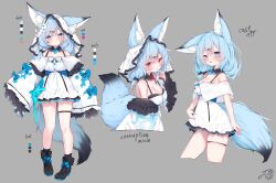 Rule 34 | &gt;:(, 1girl, :d, animal ear fluff, animal ears, black bra, black footwear, blue eyes, blue hair, boots, bow, bra, breasts, cleavage, color guide, detached sleeves, dress, ears through headwear, eip (pepai), expressionless, finger to mouth, flower, fox ears, fox girl, fox tail, full body, hair flower, hair ornament, highres, large breasts, light blue hair, medium hair, off-shoulder dress, off shoulder, open mouth, original, red eyes, short dress, sleeveless, sleeveless dress, sleeves past fingers, sleeves past wrists, smile, tail, thigh strap, underwear, v-shaped eyebrows, veil, white dress, white veil, wide sleeves