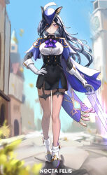 Rule 34 | 1girl, ankle boots, black hair, black skirt, boots, breasts, brown pantyhose, cape, clorinde (genshin impact), closed mouth, commentary, earrings, epaulettes, facing viewer, full body, genshin impact, hair over one eye, hand on own hip, highres, holding, holding sword, holding weapon, jewelry, large breasts, long hair, nocta felis, outdoors, pantyhose, purple cape, purple eyes, skirt, solo, sword, weapon, white footwear