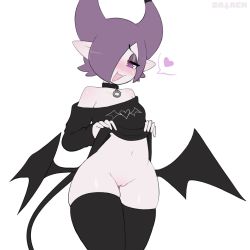 Rule 34 | blush, clothes lift, demon girl, demon horns, demon tail, demon wings, heart, highres, horns, lifting own clothes, looking at viewer, nocturnia, original, pussy, sataen, shirt lift, stomach, taen, tail, thighhighs, thighs, wings