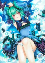 Rule 34 | 1girl, armpits, bare shoulders, blue dress, bug, butterfly, detached sleeves, double bun, dress, flat chest, green hair, hair bun, highres, hololive, insect, long sleeves, looking at viewer, orange eyes, solo, uruha rushia, virtual youtuber, whipberry