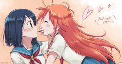 Rule 34 | 2girls, ahoge, antenna hair, bad id, bad pixiv id, blue hair, blue skirt, blush, blush stickers, bob cut, brown eyes, buttons, closed eyes, commentary request, eyelashes, fingernails, flip flappers, food, hand on another&#039;s face, heart, kokomine cocona, long hair, looking at another, multiple girls, neckerchief, niina ryou, orange hair, papika (flip flappers), pleated skirt, pocky, pocky day, pocky kiss, red neckerchief, sailor collar, school uniform, serafuku, shared food, shirt, short hair, short sleeves, skirt, twitter username, watermark, yuri