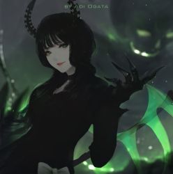 Rule 34 | 1girl, aoi ogata, artist name, black dress, black horns, black rock shooter, choker, commentary, cropped, dead master, dress, english commentary, fingernails, focused, gloves, glowing, green eyes, highres, holding, holding weapon, horns, long hair, looking at viewer, sharp fingernails, skeleton, weapon, wings