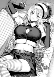 Rule 34 | 1girl, breasts, cleavage, crop top, elbow gloves, fingerless gloves, gloves, greyscale, hat, highres, ice reizou, large breasts, looking at viewer, lying, monochrome, navel, on back, original, santa costume, santa gloves, santa hat, skirt, smile, split mouth, striped clothes, striped thighhighs, thighhighs