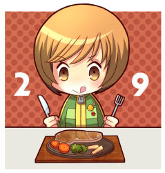 Rule 34 | 1girl, :q, atlus, bad id, bad pixiv id, broccoli, brown eyes, brown hair, carrot, food, fork, hiyopuko, jacket, knife, meat, persona, persona 4, plate, satonaka chie, short hair, simple background, solo, steak, tongue, tongue out, track jacket, turnip, vegetable