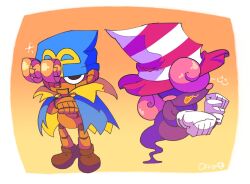 Rule 34 | 1boy, 1girl, :3, artist name, blue cape, blue headwear, blush stickers, brown footwear, cape, closed mouth, colored skin, crossed arms, doll joints, geno (mario), ghost tail, gloves, hair over eyes, hat, joints, long hair, mario (series), nintendo, offbi, open mouth, orange background, orange hair, paper mario, paper mario: the thousand year door, pink hair, pointy hat, purple skin, signature, striped clothes, striped headwear, super mario rpg, vivian (paper mario), white gloves, witch hat, yellow lips