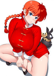 Rule 34 | 1girl, :o, animal, blue eyes, breasts, chinese clothes, covered erect nipples, genderswap, genderswap (mtf), hibiki ryouga, highres, large breasts, long hair, looking at viewer, no pants, p-chan, panties, parted lips, ranma-chan, ranma 1/2, red hair, saotome ranma, simple background, spread legs, tangzhuang, thighs, underwear, white background, white panties, zonda (solid air)