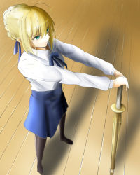 Rule 34 | 1girl, ahoge, artoria pendragon (all), artoria pendragon (fate), bad id, bad pixiv id, blonde hair, blue ribbon, blue skirt, braid, dress shirt, dutch angle, fate/stay night, fate (series), french braid, from above, from side, frown, green eyes, hair between eyes, high-waist skirt, highres, koujiro (kouziro 1), neck ribbon, pantyhose, planted, planted sword, planted weapon, ribbon, saber (fate), shinai, shirt, skirt, solo, sword, weapon, white shirt, wooden floor