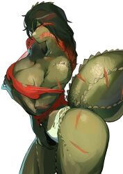 Rule 34 | 1girl, absurdres, arm under breasts, black hair, breasts, claws, closed mouth, colored skin, cropped legs, deviljho, exposed muscle, fangs, from side, glowing, glowing eyes, green skin, highres, large breasts, looking at viewer, medium hair, miao jiangyou, monster girl, monster hunter (series), multiple scars, personification, red eyes, scales, scar, solo, spikes, tail, thick thighs, thighs, torn clothes, unsure, white background
