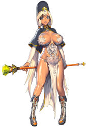 Rule 34 | 1girl, blonde hair, breasts, brown eyes, cross-laced footwear, destiny child, full body, hat, holding, kim hyung tae, large breasts, long hair, maat (destiny child), mitre, official art, parted lips, pelvic curtain, scepter, shiny skin, simple background, solo, standing, twintails, very long hair, white background