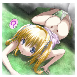 Rule 34 | 1girl, ?, all fours, alric, ass, blonde hair, blue eyes, butt crack, character request, crawling, female focus, grass, hair ribbon, looking at viewer, nature, no pants, original, outdoors, panties, panty pull, ribbon, sacrum rabbit, solo, twintails, underwear