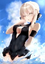 Rule 34 | 1girl, absurdres, artoria pendragon (alter swimsuit rider) (fate), artoria pendragon (alter swimsuit rider) (first ascension) (fate), artoria pendragon (fate), bare shoulders, black one-piece swimsuit, black ribbon, blonde hair, blue sky, blush, braid, breasts, center opening, dress swimsuit, fate/grand order, fate (series), french braid, hair bun, hair ribbon, highres, long hair, looking at viewer, medium breasts, one-piece swimsuit, open mouth, ribbon, sidelocks, single hair bun, sky, solo, swimsuit, thighs, wading, water, yellow eyes, yuki haru