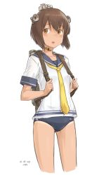 Rule 34 | 10s, 1girl, backpack, bag, blush, brown eyes, brown hair, collarbone, cropped legs, dated, headset, kantai collection, kawashina (momen silicon), looking away, necktie, one-piece swimsuit, open mouth, sailor collar, shirt, short sleeves, simple background, solo, swimsuit, swimsuit under clothes, white background, white shirt, yellow necktie, yukikaze (kancolle)