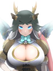 Rule 34 | 1girl, absurdres, animal costume, black hair, blue eyes, bow, bowtie, breasts, center opening, cleavage, closed mouth, dress, highres, horns, huge breasts, kemono friends, kemono friends 3, kirin (kemono friends), long hair, looking at viewer, multicolored hair, red hair, simple background, solo, tanio (tanio 0114), upper body, white background, white hair, wings