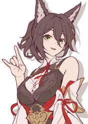 Rule 34 | 1girl, :d, animal ears, bare shoulders, breasts, brown dress, brown hair, cleavage, cleavage cutout, clothing cutout, commentary request, detached sleeves, dress, flat color, fox ears, hand up, highres, honkai: star rail, honkai (series), looking at viewer, medium breasts, mon-chan, open mouth, short hair, simple background, smile, solo, tingyun (honkai: star rail), upper body, white background, yellow eyes