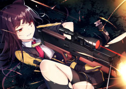 Rule 34 | 1girl, black gloves, black pantyhose, black skirt, blood, blood on face, bullet, bullpup, buttons, clenched teeth, collared shirt, commentary request, firing, furrowed brow, girls&#039; frontline, gloves, grass, gun, holding, holding weapon, injury, jacket, knee up, long hair, long sleeves, looking away, lying, miniskirt, motion blur, muzzle flash, necktie, night, on back, one eye closed, one side up, open clothes, open jacket, pantyhose, parted lips, purple hair, red eyes, red necktie, rifle, scope, shirt, skirt, sniper rifle, solo, teeth, torn clothes, torn jacket, torn pantyhose, underbust, v-shaped eyebrows, wa2000 (girls&#039; frontline), walther, walther wa 2000, weapon, white shirt, yan (nicknikg)
