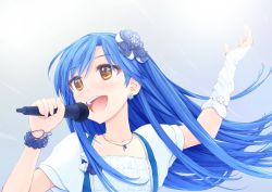Rule 34 | 1girl, asterisk (asterism), blue hair, bracelet, earrings, flower, flower on head, gloves, hair ornament, idolmaster, idolmaster (classic), jewelry, kisaragi chihaya, long hair, microphone, music, necklace, open mouth, singing, solo, yellow eyes