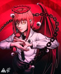 Rule 34 | absurdres, blood, braid, chain, chainsaw man, demon wings, formal, highres, makima (chainsaw man), mateus upd, pink hair, shirt, single braid, spoilers, suit, white shirt, wings, yellow eyes