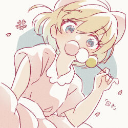 Rule 34 | 1girl, blonde hair, blue eyes, bow, covered mouth, dango, dress, eyelashes, flower-shaped pupils, food, hair bow, looking at viewer, mother (game), mother 2, nintendo, paula (mother 2), pink bow, pink dress, pink petals, shifumame, short hair, short sleeves, solo, symbol-shaped pupils, wagashi