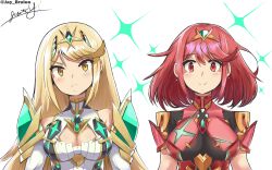 Rule 34 | 2girls, absurdres, artist request, blonde hair, breasts, highres, large breasts, multiple girls, mythra (xenoblade), pyra (xenoblade), red eyes, red hair, simple background, white background, xenoblade chronicles (series), xenoblade chronicles 2, yellow eyes
