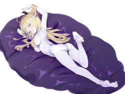 Rule 34 | 1girl, arm up, armpits, ass, bare shoulders, blonde hair, blue skin, blush, breasts, colored skin, dragon quest, dragon quest x, hairband, highres, horns, kaede (sayappa), long hair, looking at viewer, navel, nipples, nude, simple background, solo, white background, yellow eyes