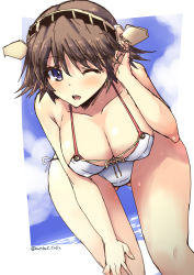 Rule 34 | 10s, 1girl, ass, bare shoulders, bikini, blue eyes, blush, breasts, brown hair, cleavage, gluteal fold, hairband, hand on own head, hand on own knee, headgear, hiei (kancolle), kantai collection, large breasts, leaning forward, looking at viewer, one eye closed, shinshin, short hair, side-tie bikini bottom, solo, swimsuit, thigh gap, thighs, twitter username, white bikini