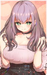 Rule 34 | 1girl, belt, breasts, chilwell seele, choker, cleavage, collarbone, grey hair, heart, heart-shaped pupils, highres, hololive, large breasts, licking lips, long hair, shirogane noel, shirogane noel (casual), skirt, solo, sweater, symbol-shaped pupils, tongue, tongue out, virtual youtuber