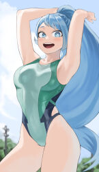 Rule 34 | 1girl, :d, absurdres, alternate costume, alternate hairstyle, armpits, arms up, blue eyes, blue hair, blue one-piece swimsuit, boku no hero academia, cloud, commentary request, covered navel, day, fengling (furin-jp), green one-piece swimsuit, hadou nejire, high ponytail, highres, long hair, looking at viewer, multicolored clothes, multicolored swimsuit, one-piece swimsuit, open mouth, outdoors, sidelocks, smile, solo, standing, swimsuit