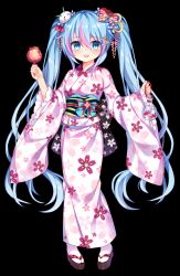 Rule 34 | 1girl, :d, bag, bagged fish, black background, black footwear, blue eyes, blue hair, blush, candy apple, chuor (chuochuoi), fish, floral print, food, full body, hair between eyes, hair ornament, hairclip, hands up, japanese clothes, kimono, long hair, long sleeves, looking at viewer, multicolored hair, obi, open mouth, original, pink hair, pink kimono, print kimono, sandals, sash, sidelocks, simple background, smile, socks, solo, standing, streaked hair, tabi, teeth, twintails, upper teeth only, very long hair, white socks, wide sleeves, zouri