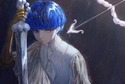 Rule 34 | 1other, androgynous, arrow (projectile), ascot, blue eyes, blue hair, blunt bangs, bowl cut, collared shirt, colored eyelashes, colored skin, crystal hair, dark background, expressionless, golden arms, greatsword, grey eyes, heterochromia, highres, holding, holding sword, holding weapon, houseki no kuni, light particles, looking to the side, moon uniform (houseki no kuni), night, phosphophyllite, phosphophyllite (ll), see-through, see-through sleeves, shirt, short hair, solo, spoilers, sword, weapon, white skin, white uniform, wide sleeves, zieru