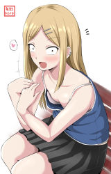 Rule 34 | &gt;:o, 10s, 1girl, :o, artist name, bare shoulders, bench, black skirt, blonde hair, blush, breast padding, breasts, brown eyes, camisole, cleavage, collarbone, dagashi kashi, downblouse, ear piercing, earrings, endou saya, eyebrows, fang, flat chest, from above, hair ornament, hairclip, hands up, heart, highres, jewelry, long hair, looking at viewer, miniskirt, multiple earrings, no bra, open mouth, parted bangs, piercing, sidelocks, sitting, skirt, small breasts, solo, spaghetti strap, spoken heart, surprised, v-shaped eyebrows, yano toshinori